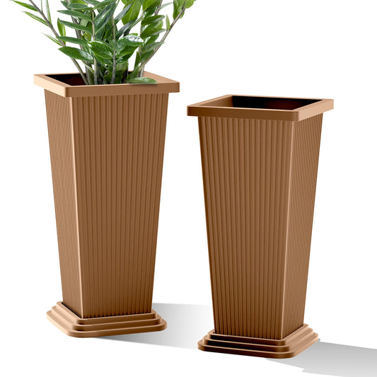 FENCY Set of 2 Tall Planters for Outdoor Plants, 24 Inch Large Tapered Pots with Drainage Trays, Weather-Resistant Plastic Plant Containers for Patio, Porch, Garden, Front Door Decor,Brown, Striped