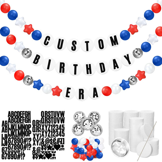 Simgoing Giant Friendship Bracelet Garland Kit DIY Banner with Letter Ball Jumbo in My Birthday Era Decorations for Classroom Graduation Party Supplies Photo Booth Backdrop(White, Red, Blue)