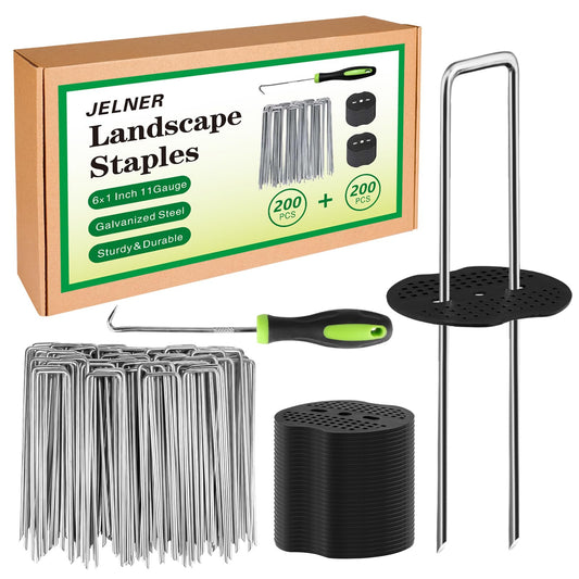 JELNER Garden Stakes,6 Inch 11 Gauge 200pcs Galvanized Landscape Staples and 200pcs Gaskets +1Pick Hook, Tent Stakes Landscaping Fabric SOD Pins for Weed Fabric Barrier,Groud Cover,Fence