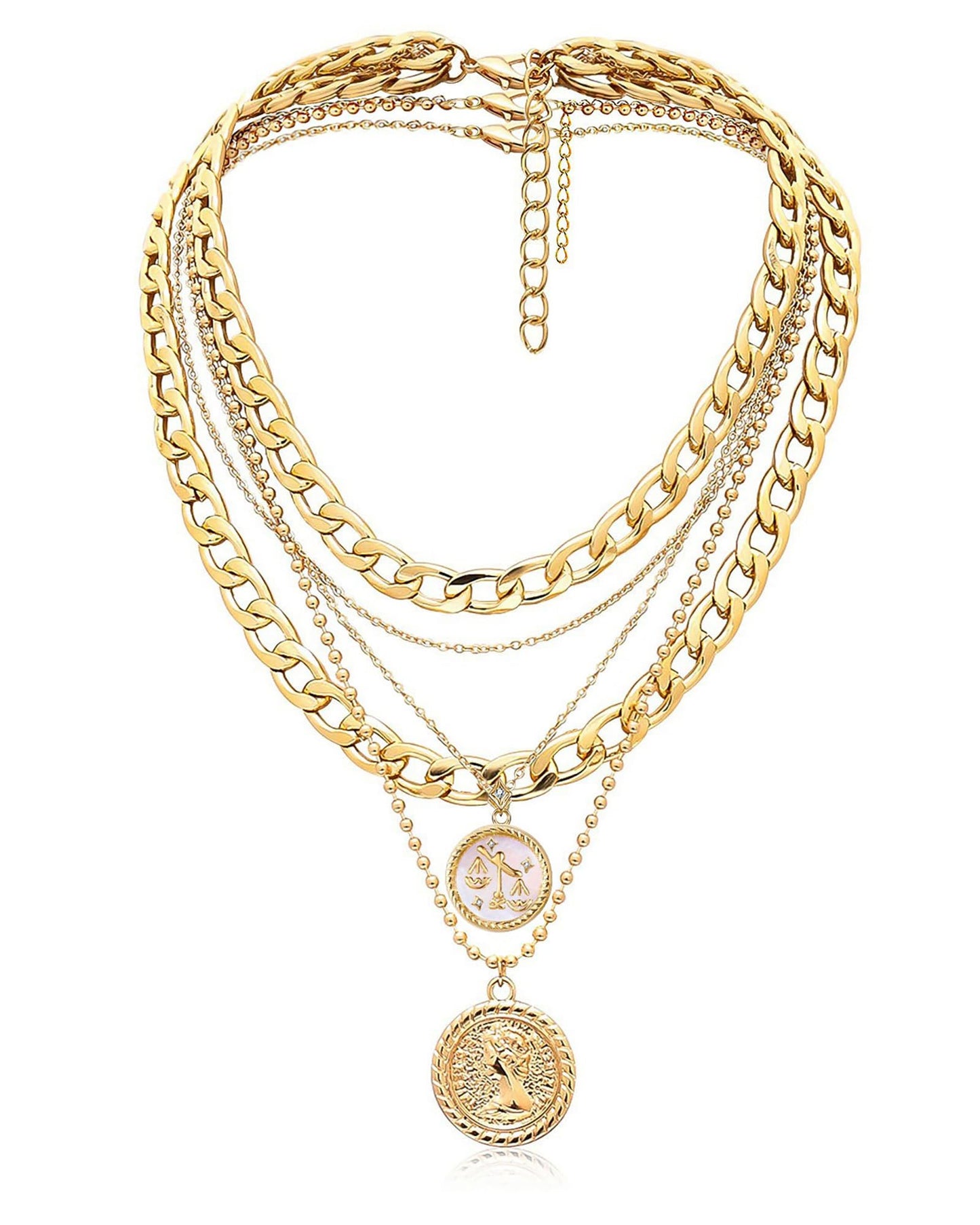 MJartoria Gold Layered Necklaces for Women Trendy Retro Coin Pendant Necklace Dainty Chunky Chain Choker Necklaces for Jewelry Birthday Gifts (Gold, Zodiac-Libra-3PCS Layered)
