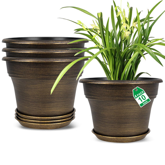 Plant Planters Pots Set of 4 Pack 10 Inch, Plastic Flower Pot For Indoor Plants With Drainage Holes & Trays, Resin Decorative Container Sets With Saucer For House Outdoor Garden Planters Dark Gold