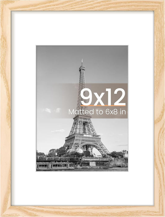 Upsimples 9x12 Picture Frame - Versatile Display for 6x8 Photos with Mat or 9x12 Without - Natural Finish