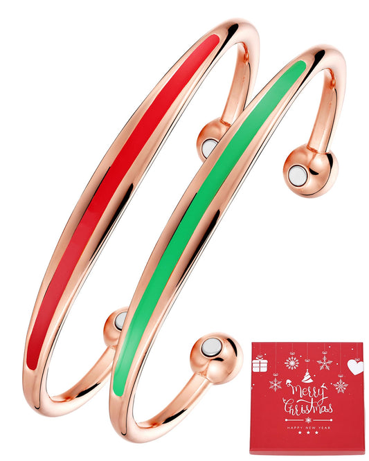 BioMag 2Pcs Copper Bracelets for Women Men, 99.9% Pure Copper Magnetic Bracelet Cuff Bangle with 8Pcs Magnets, Adjustable Jewelry Gifts (Green, Red-XMAS)