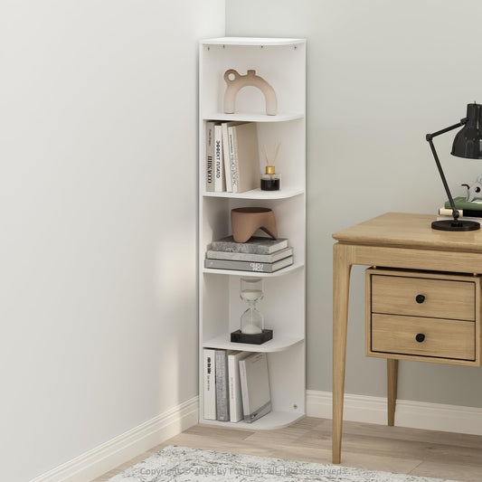 Furinno Reed Corner Shelf, 5-Tier Corner Bookshelf, Book Shelf, Corner Shelves, Storage Rack, for Organization and Storage, Home Office, Living Room, White
