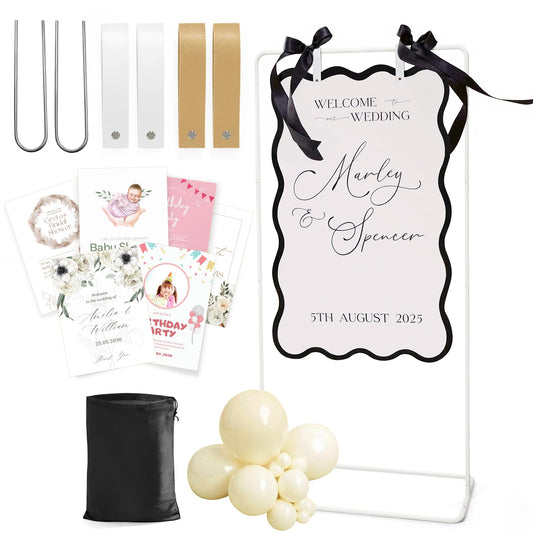 Wedding Welcome Sign Stand, Welcome to our Wedding Sign Holder, White Easel Stand for Sign Poster With Design Bundle & Ground Stakes & Leather Sign Hanging Straps, Linen Sign Stand for Wedding Decor