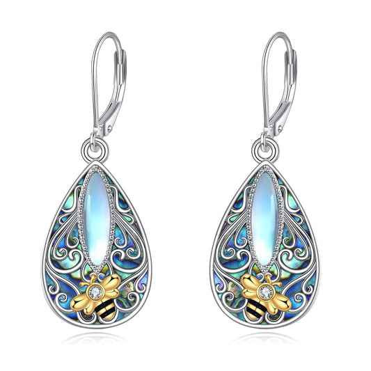 Bee Filigree Earrings Sterling Silver Teardrop Abalone Shell Drop Dangle Filigree Leverback Earrings Jewelry