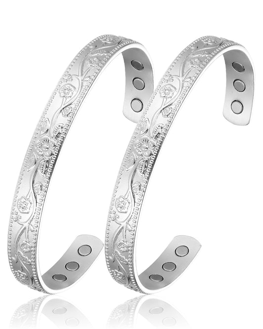 BioMag 2 Pcs Magnetic Copper Bracelet for Women, 99.99% Pure Copper Cuff Bangle with 6 Pcs 3500 Gauss Magnets, Adjustable Size, Floral Vine Design