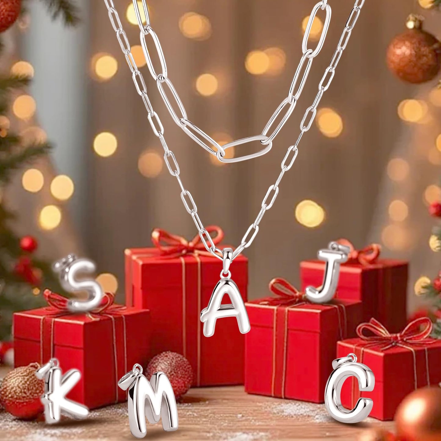 adoyi Silver Initial Necklace for Women 14k Gold Plated Layered Bubble Letter Necklaces Trendy Jewelry Chain Name S Pendant Necklace Stack Birthday Valentines Gifts