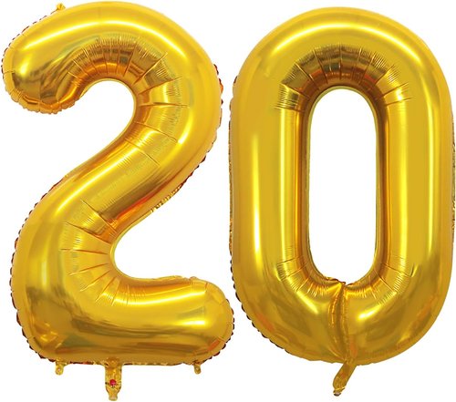 GOER 20th Birthday Balloons - 42 Inch Jumbo Gold Foil Helium Decorations for Anniversary Celebrations