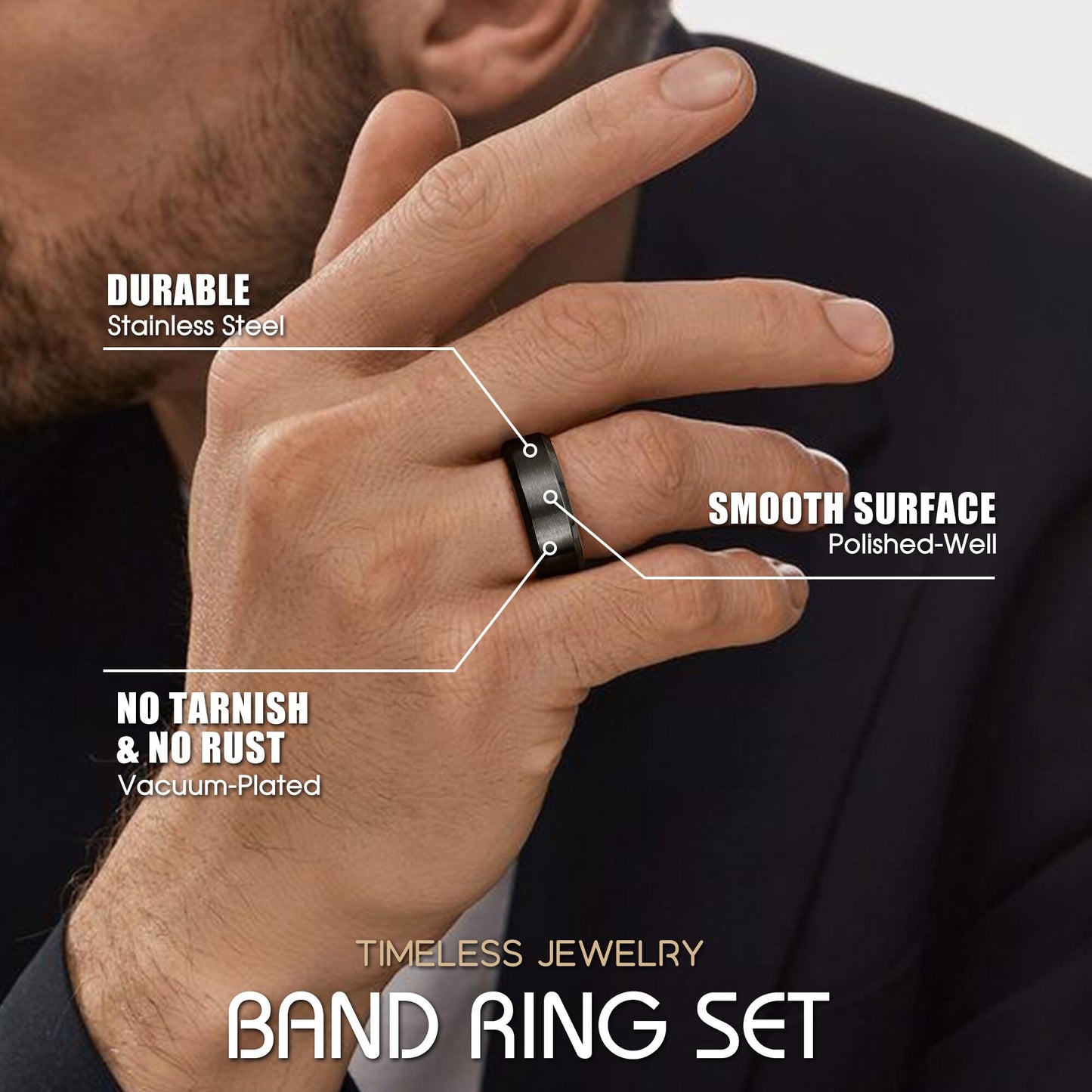 Jstyle Stainless Steel Rings for Men Women 8MM Wedding Band Rings Matte Surface - Beveled Polished Edge Mens Ring Size 6.5 Black Ring for Men