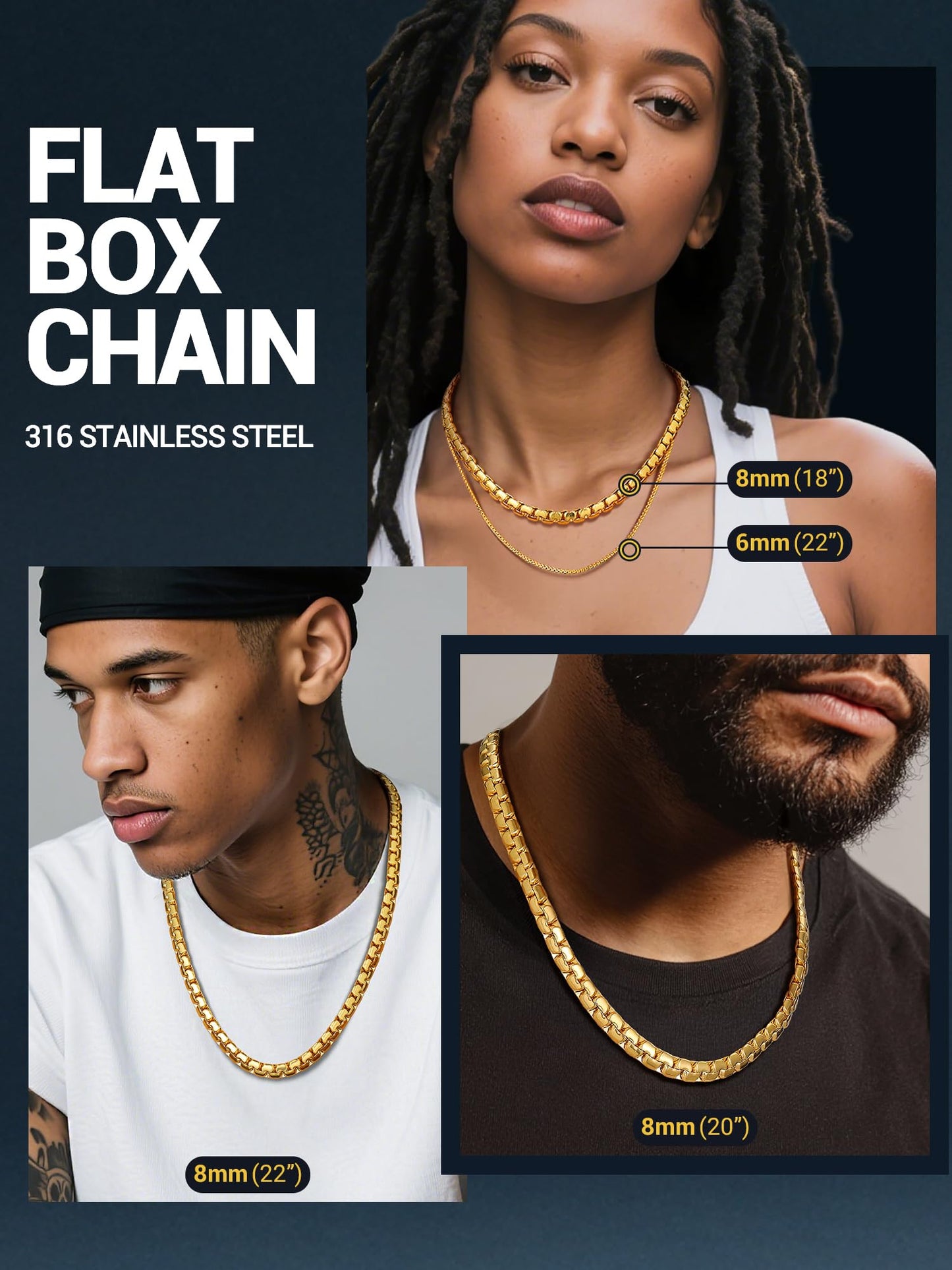 PROSTEEL Gold Chain for Men 14K Non Tarnish Flat Box Necklace Chunky Hip Pop Cool Chain Necklace for Mens Jewelry