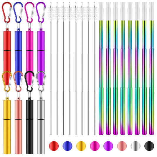 Zubebe 8 Pack Metal Reusable Straw Collapsible Straws Stainless Steel Drinking Straw with Plastic Case Silicone Tip and Cleaning Brush and Keychain Long Telescopic Portable for Travel Work