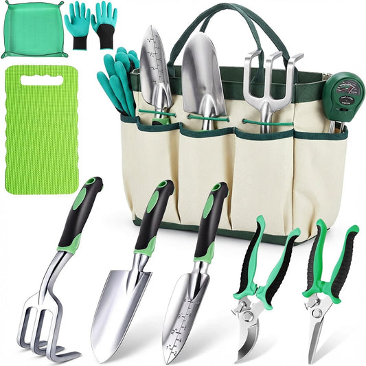 10PCS Heavy-Duty Garden Tools Set for Beginners - Rust-Proof Aluminum Garden Kit with Soil Tester, Repotting Mat & Kneeling Pad, Perfect Gardening Gift for Women, Mom & Beginners