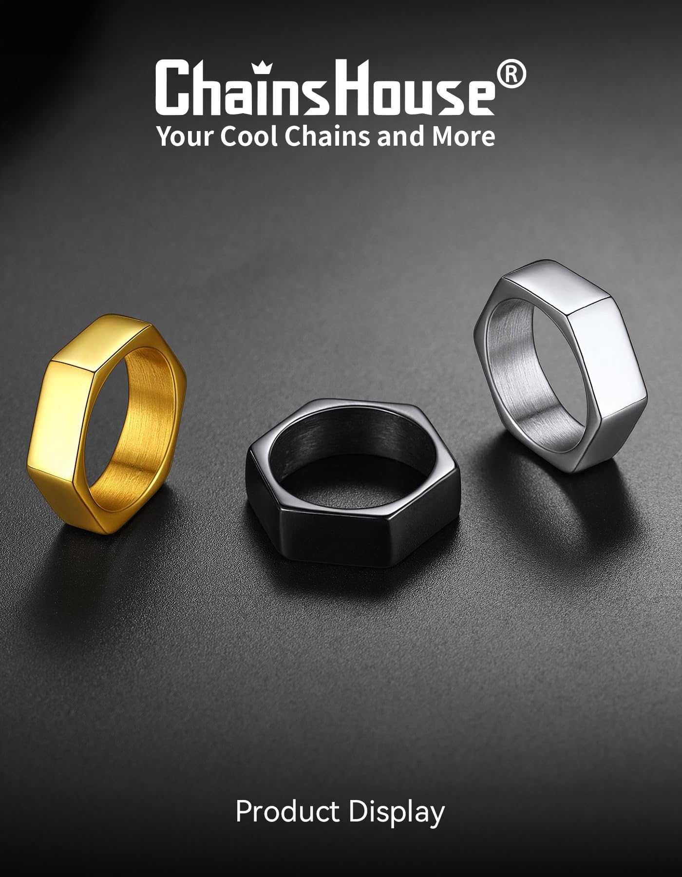 ChainsHouse Men's Punk Stainless Steel Gothic Screw Edge Hexagon Geometric Biker Ring Bands, Size 7