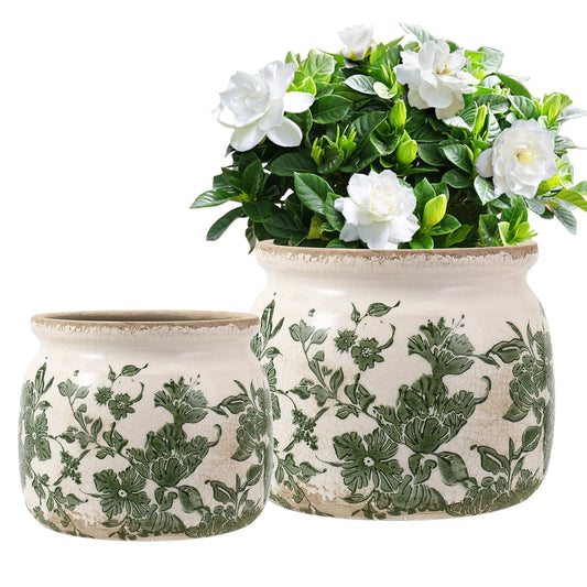 yanwe1 Vintage Ceramic Planters with Drainage Hole, Floral Plant Vases for Indoor Greenery, Tuscan Gardening Decor, Green Ceramic Planters for Christmas & Home Decor(2 Pcs)