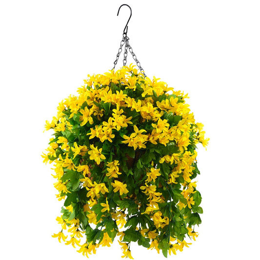 INQCMY Artificial Hanging Flowers in Basket for Patio Garden Decoration,Faux Silk Violet in Planter UV Resistant Realistic for Outside Home Porch Balcony Yard Decor(Yellow)