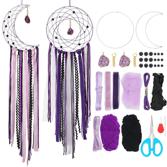 BEUNITONE DIY Purple Moon Lace Gothic Dream Catcher kit 2 Set Boho Large Half Circle Handmade Dream Catcher Kit with Purple Agate for Wall Decor Women Gift Moon Sun DIY Gifts for Bedroom Christmas