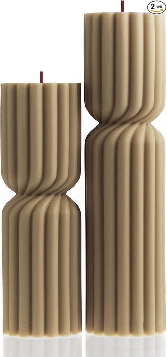 LAWA Spiral Spire Candle - Large Beautiful Handmade Pillar Scented Soy Wax Elegant Bubble Aesthetic Candle Housewarming Gift Home Room Shelf Decor Idea White (Set of 2, Olive Beige)