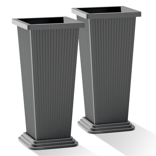 PolarcoForgeco Tall Outdoor Planters Set of 2, Large Flower Pots for Indoor Plants, 24 Inch Large Outdoor Planter for Front Porch, with Drainage Tray (Gray Ribbed)