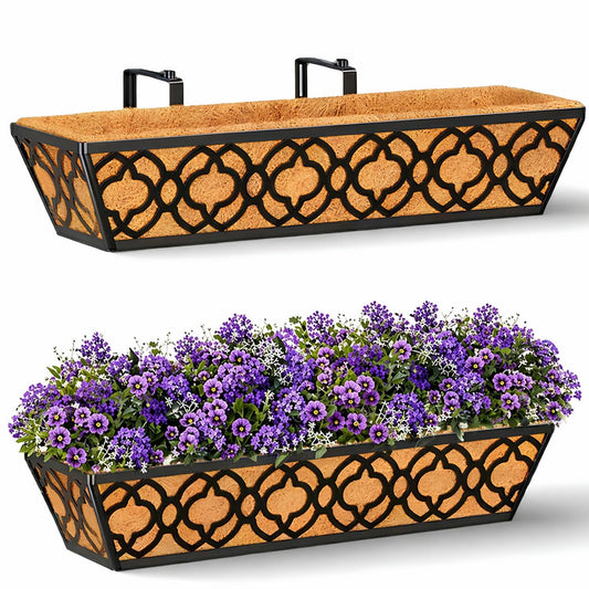 LAWYAMAI 24 Inch Railing Planter Box with Coco Liner, Adjustable Metal Hanging Planter, Window Box for Balcony Deck Fence, Outdoor Flower Box Black, 2 Pack