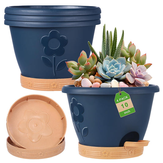 gegemaoyi Plastic Plant Pots 10 Inch Set of 4, Self Watering Pots with Drainage Holes, Saucer & Reservoir, Flower Pots for Indoor/Outdoor Plants, Decorative Nursery Planting Pots (Blue)