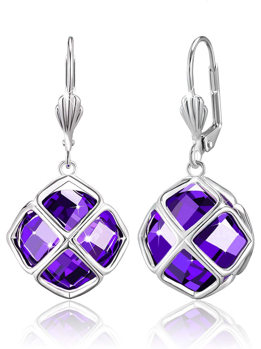 Big Dark Purple Crystal Dangle Earrings for Women (Feb-Amethyst-White Gold Plated)