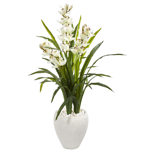 Nearly Natural 4ft. Cymbidium Orchid Artificial Plant in White Planter