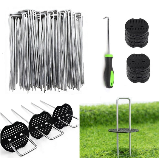 8 Inch 100 PCS Galvanized Landscape Staples with 100 PCS Gasket, Landscape Fabric Pins Stakes Lawn Ground Cover Graden Staples Spikes Weed Barrier Stakes