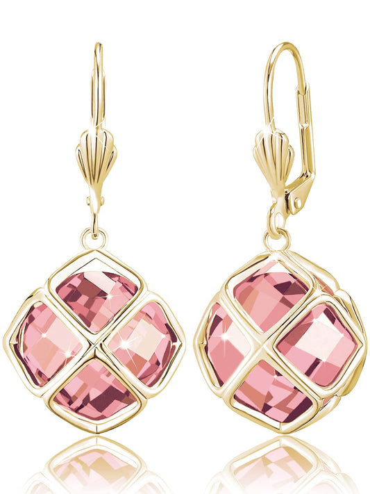 Big Rose Quartz Crystal Dangle Earrings for Women (Oct-Pink-14K Gold)
