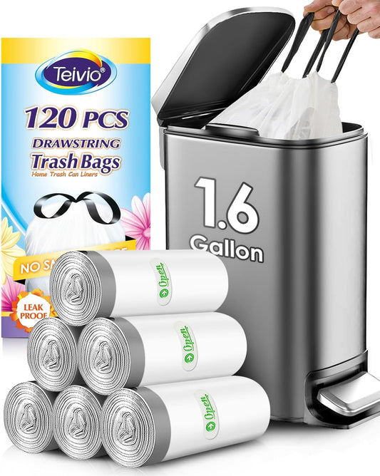 Teivio Strong Drawstring Trash Bags - 1.6 Gallon, 120 Counts | Durable White Liners for Home & Office