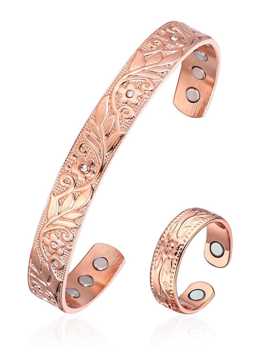 BioMag Copper Bracelet & Ring for Women, 99.99% Pure Copper Magnetic Bracelet Lymphatic Drainage Rings with 3500 Gauss Magnets, Adjustable & Flower Pattern (Rose Gold B)