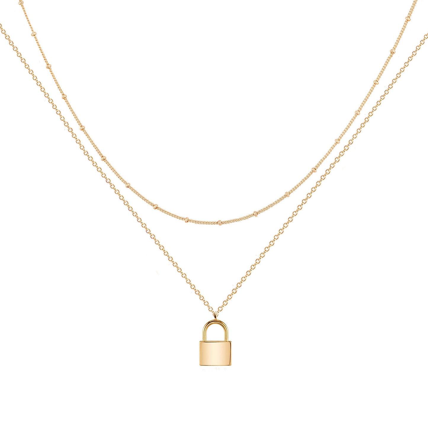 MEVECCO Gold Dainty Layer Lock Necklace,18K Gold Plated Cute Delicate Tiny Layered Bead Chain Necklace,Trendy Minimalist Necklace for Women