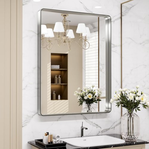 LOAAO Brushed Nickel Bathroom Mirror - 24x30 Inch Rounded Rectangle Design | Anti-Rust & Shatterproof