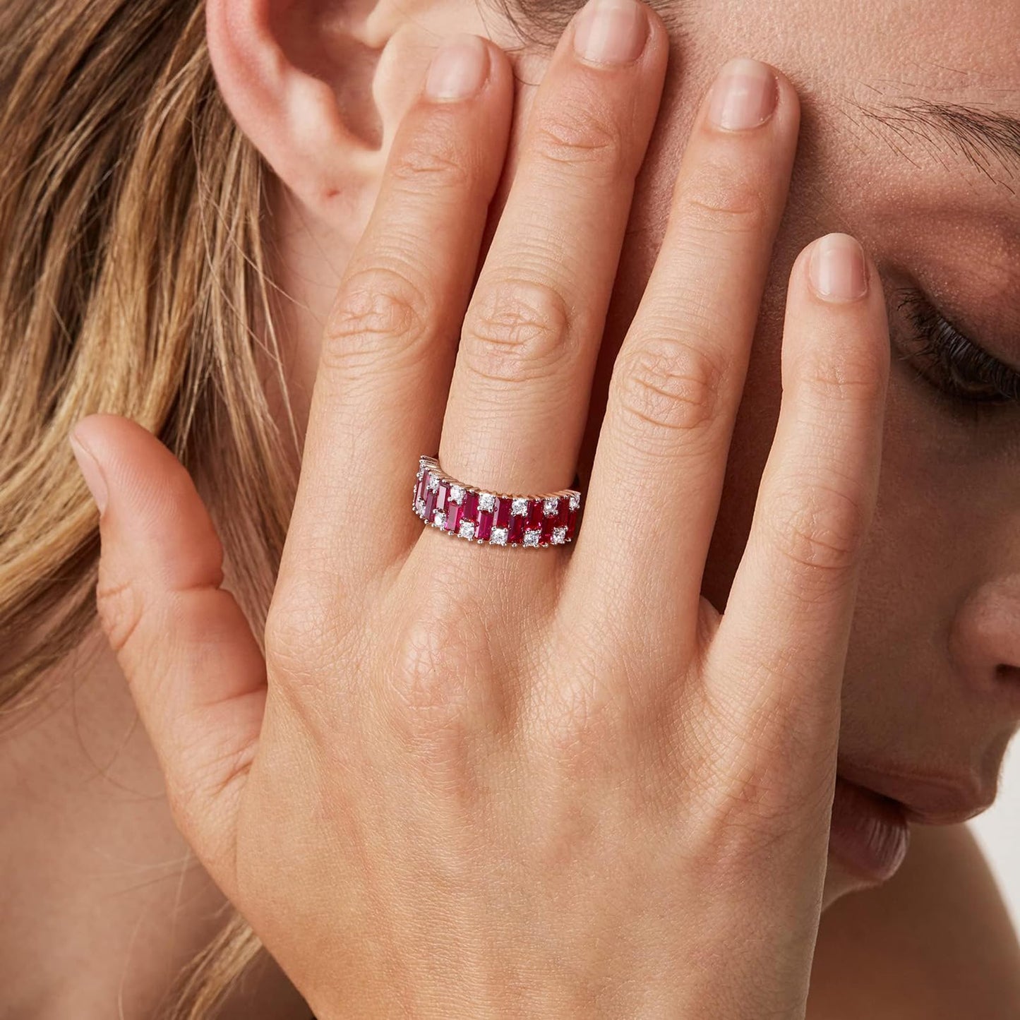 RANDES Cubic Zirconia Wedding Bands 925 Sterling Silver Ruby Rings for Women Emerald Cut Eternity Band Engagement Anniversary Ring Size 7