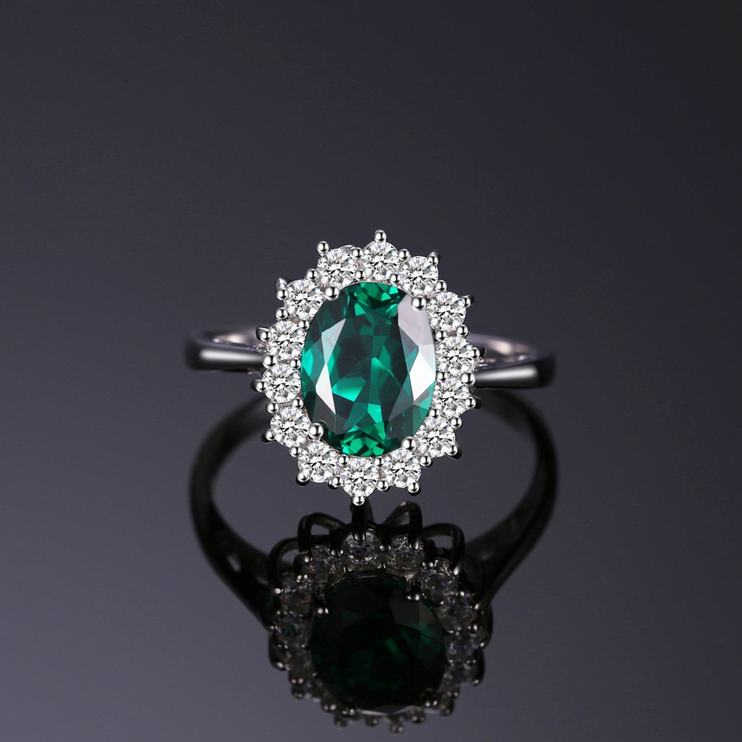 JewelryPalace Princess Diana Kate Middleton Gemstone Birthstone Green Emerald Halo Engagement Rings for Women, Anniversary 14K White Gold Plated 925 Sterling Silver Promise Rings for Her Size 10.5