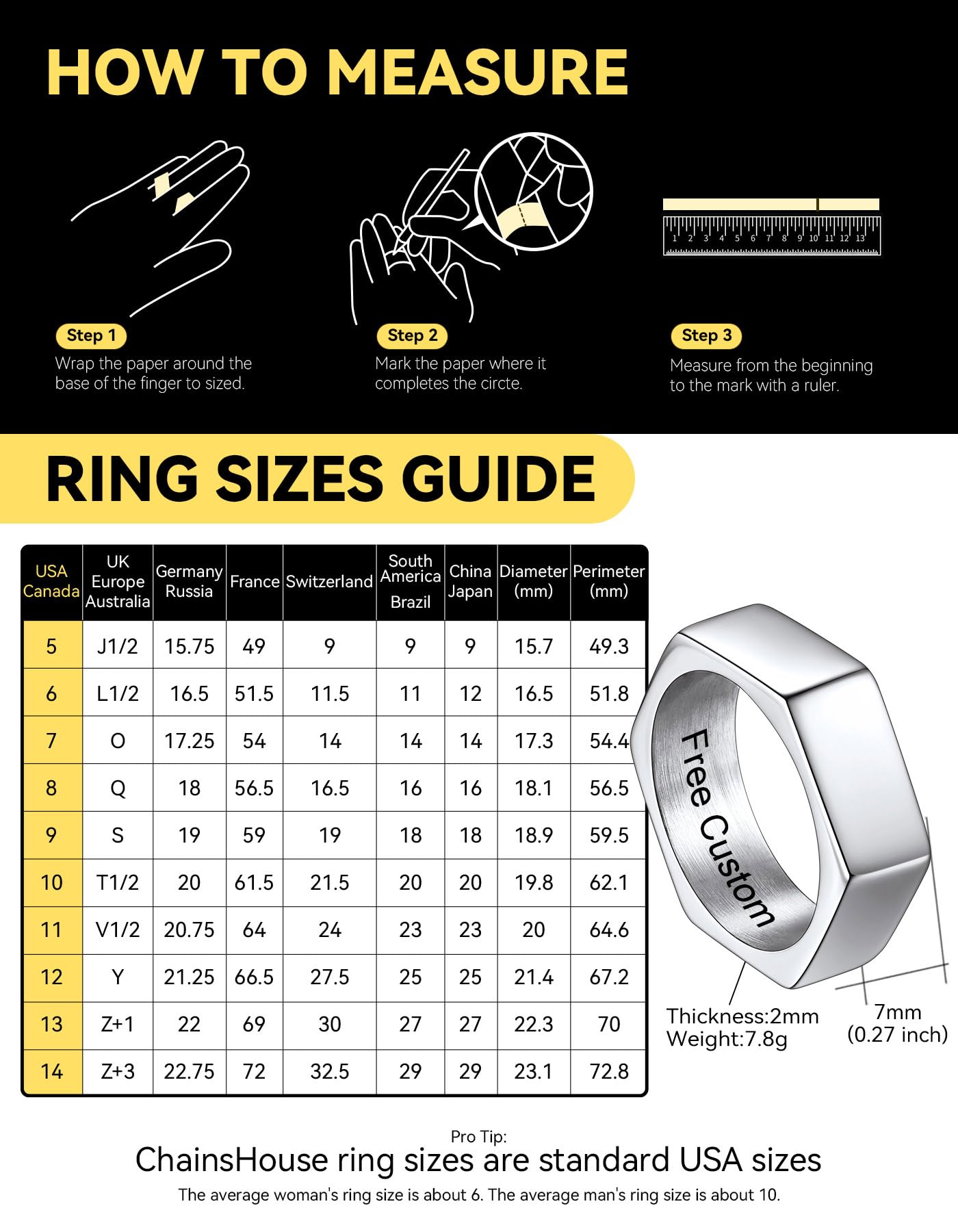 ChainsHouse Hexagon Ring Stainless Steel Geometric Biker Bands Custom Engraved Punk Jewelry for Men Women, Size 7