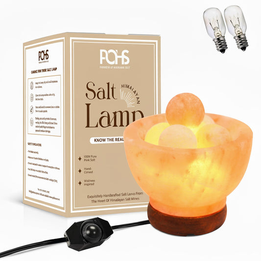 POHS Himalayan Pink Salt Fire Bowl Lamp with 5 Massage Balls, dimmable Switch Electrical Cord, with Replaceable Bulbs, Premium Wood Base.