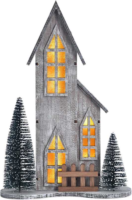 Wooden Christmas Village House - Lighted Indoor Tabletop Decor with LED & Tree | Winter Holiday Centerpiece (Style A)