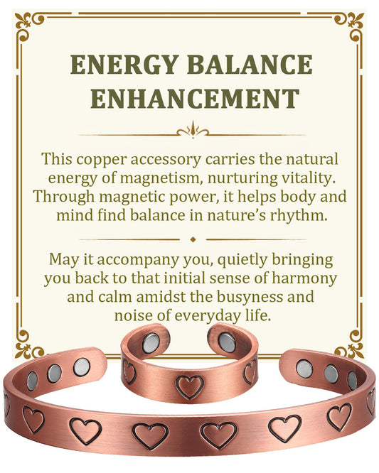 BioMag Heart Design Magnetic Copper Bracelet & Lymphatic Drainage Ring for Women Men, 99.99% Pure Copper Cuff Bangle & Ring, Adjustable Size