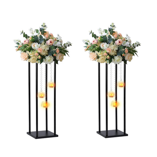 Rectangular Metal Wedding Flower Stand Vase with Hanging Glass Globe Terrarium Tealight Candle Holder, Multifunctional Geometric Column Frame Centerpiece (Black, 2 Pcs 25.2'')