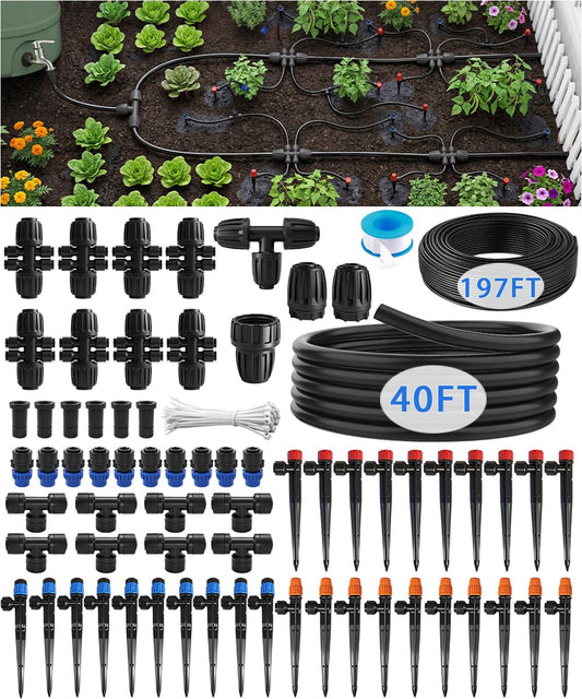 237FT Drip Irrigation System Kit with 40 Adjustable Nozzles for Garden Watering, Leak-Proof & Easy-Connect Irrigation Kit with 1/2" & 1/4" Tubing, for Greenhouse, Lawn, Indoor Pots (40FT + 197FT)