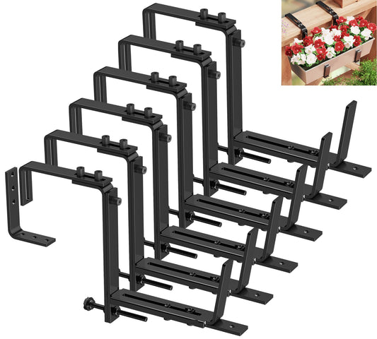 Y&M 6 Pcs Deck Railing Adjustable Planter Box Brackets (6 to 12.5 in), Universal Heavy Duty Iron Flower Box Brackets Wall Mounting Hooks for Fences, Patio, and Garden - Black (Patent Registered)