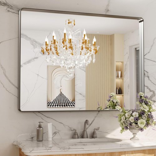LOAAO Brushed Nickel Bathroom Mirror - 48x36 Inch Rounded Rectangle Design | Anti-Rust, Shatter-Proof, Versatile Hanging Options