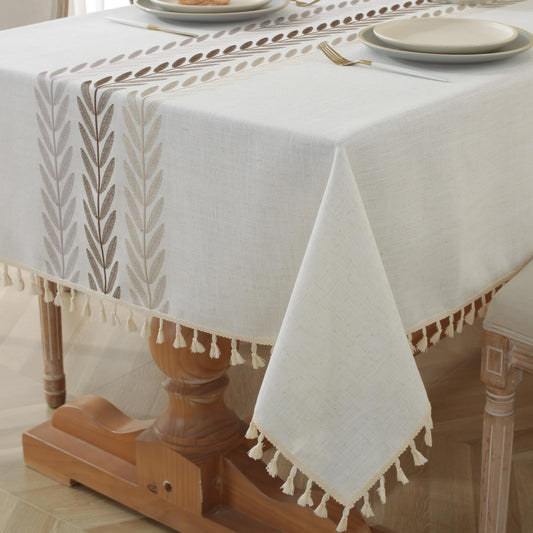 Alsoo Embroidered Tablecloth Square 55 x 55 Inch, Farmhouse Otanical Floral Table Cloth Waterproof Washable Cotton Linen Fabric for Kitchen Dining Festival