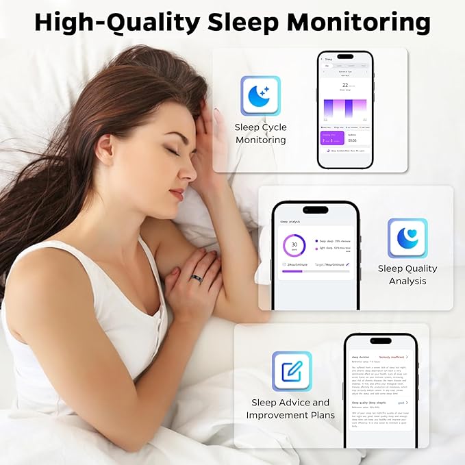Ultra-Thin Smart Ring for Women Men,Sleep Tracker Ring with Heart Rate, Waterproof Fitness Ring for Activity Monitoring/Steps/Calories,No Subscription Fee,for iSO & Android (Black,8#)