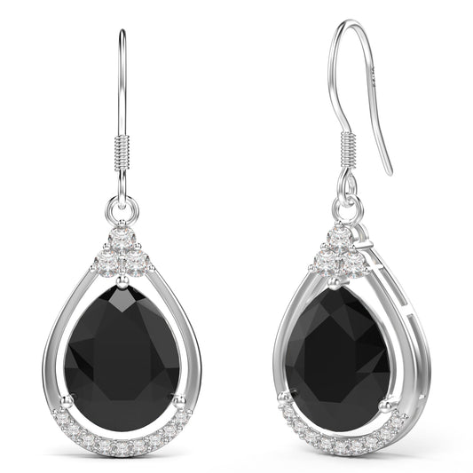 18K White Gold Plated Sterling Silver Teardrop Cubic Zirconia Drop Dangle Earrings for Women Pear Cut CZ Diamond Dangle Earrings Hypoallergenic Jewelry (Black)
