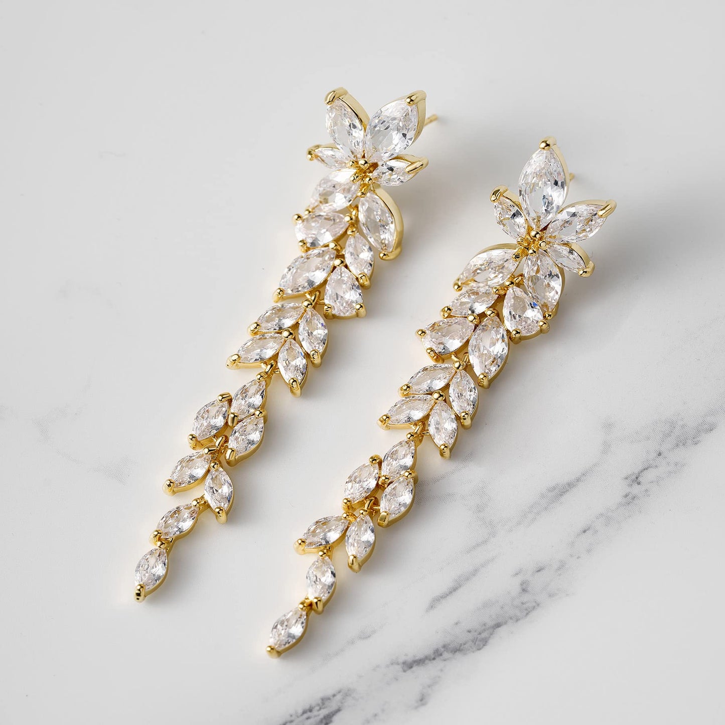 SWEETV Marquise Cubic Zirconia Wedding Earrings for Women Brides, Crystal Chandelier Bridal Drop Earrings for Prom Pageant (Gold)