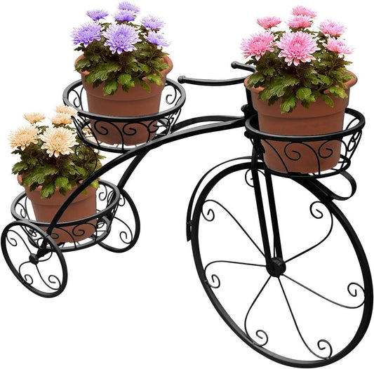 NBJGTFOF Metal Tricycle Planter with 3 Flower Baskets | Outdoor Garden Decor | Free Standing Floral Stand for Patio, Yard, or Veranda
