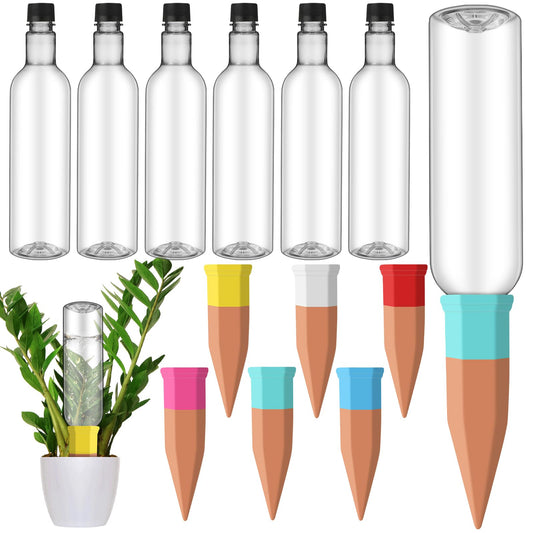 SiliFine 6 Sets Plant Watering Devices Include Terracotta Self Watering Spikes and 26 oz Plastic Bottles, Slow Release Vacation Insert Automatic Plant Waterer Device (Clear and Mixed Color)