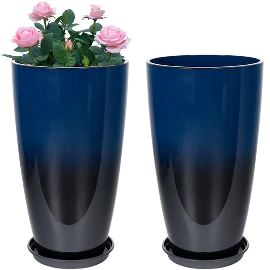 Neoaider Set of 2 Lightweight Ceramic-Look Tall Planter, 21 inch Large Plastic Planter with Drain Hole & Saucers, Large Outdoor Planters for Porch, Garden, Patio, Balcony(Dark Blue)